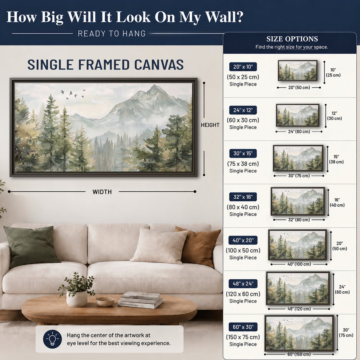 Soft green mountain peaks and evergreen trees beneath birds single framed canvas wall art size guide above a sofa; room view is illustrative