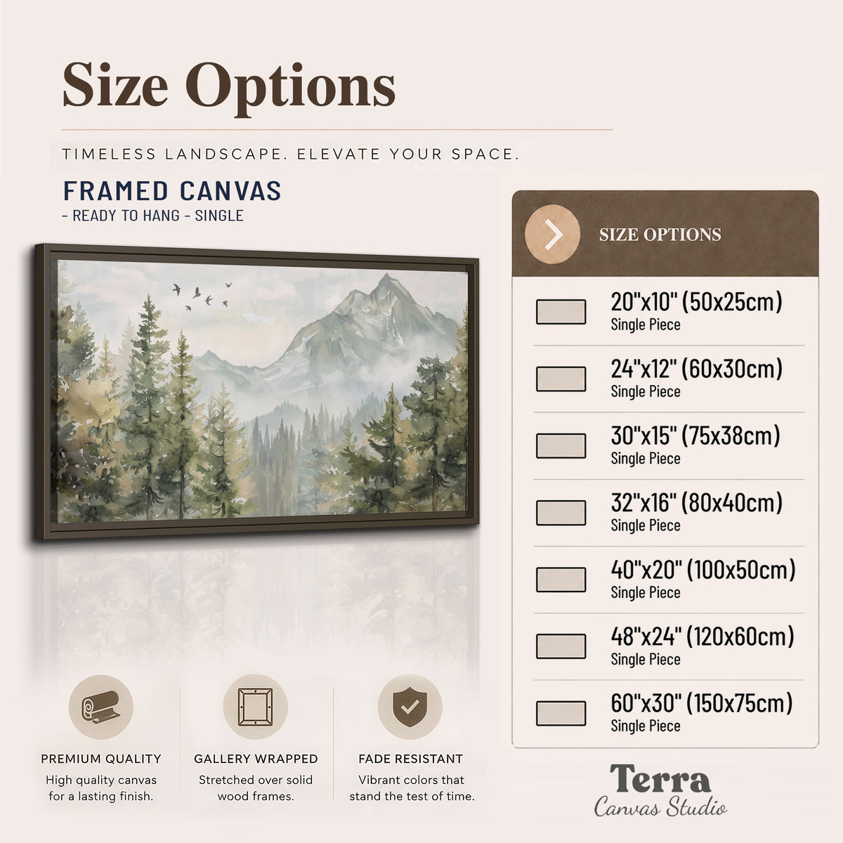 Soft green mountain peaks and evergreen trees beneath birds single framed canvas wall art available dimensions