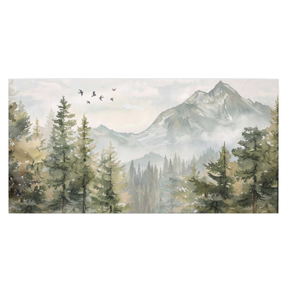 Soft green mountain peaks and evergreen trees beneath birds single poster print viewed straight on