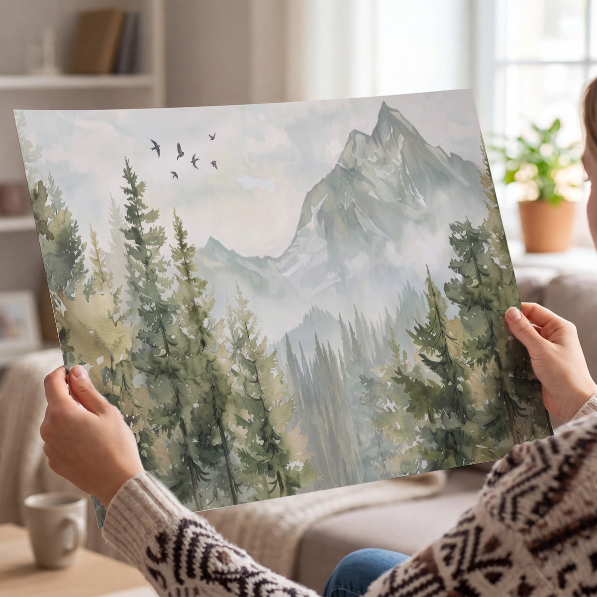 Soft green mountain peaks and evergreen trees beneath birds single poster print held in hands
