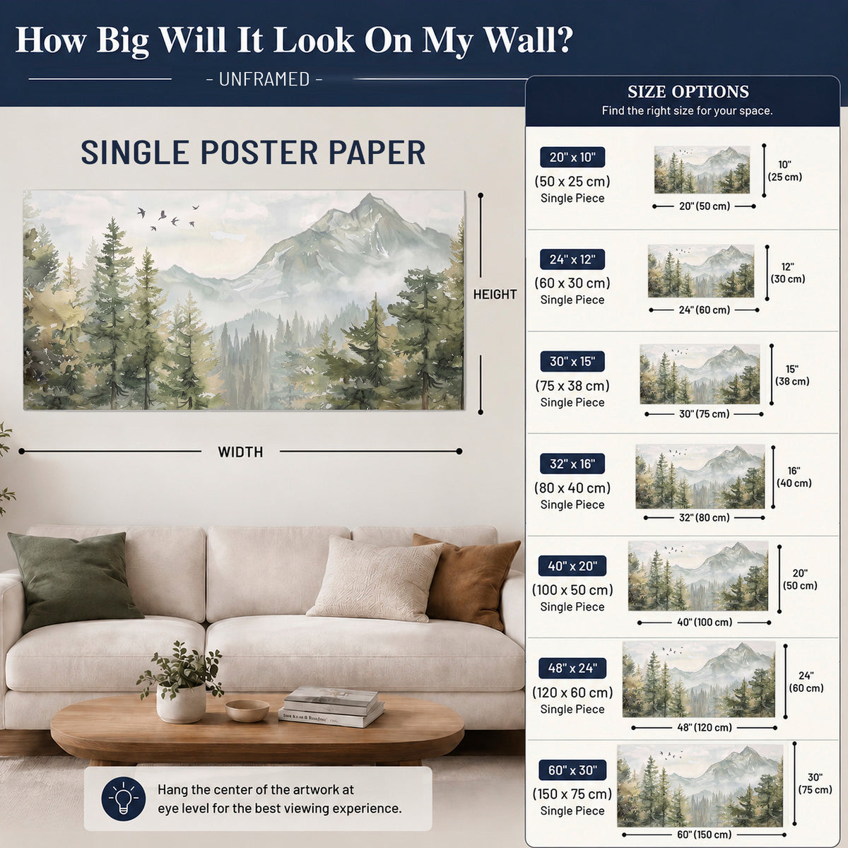 Soft green mountain peaks and evergreen trees beneath birds single poster print size guide above a sofa; room view is illustrative
