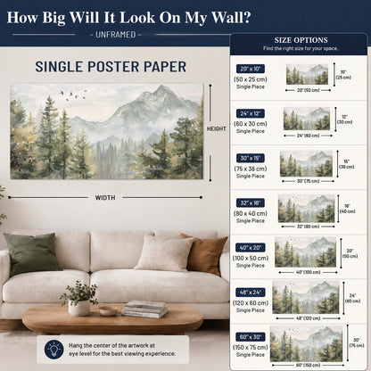 Soft green mountain peaks and evergreen trees beneath birds single poster print size guide above a sofa; room view is illustrative
