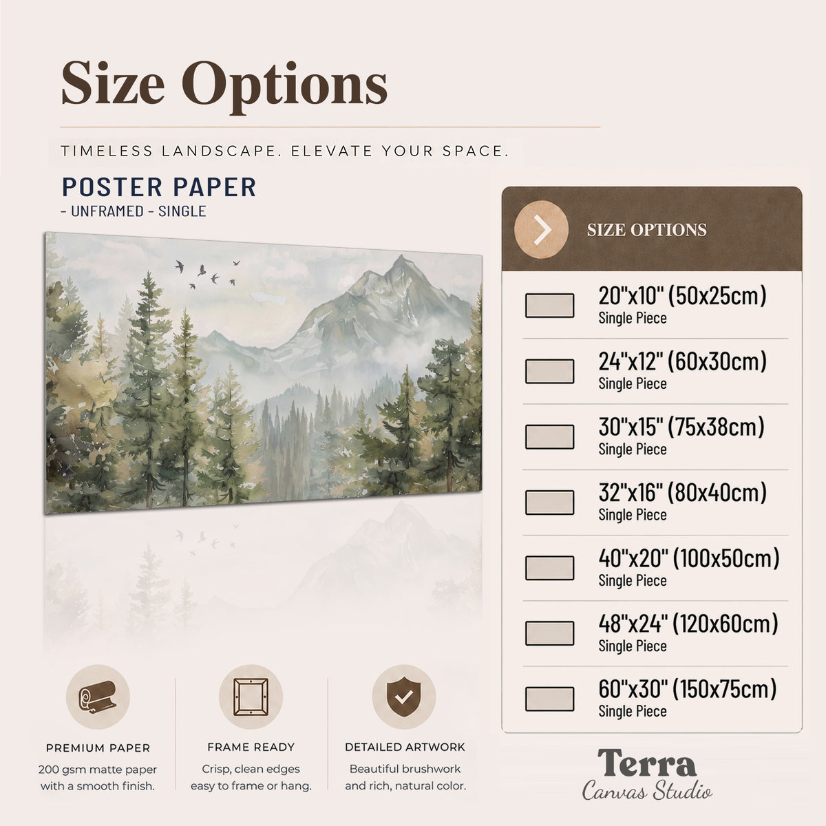 Soft green mountain peaks and evergreen trees beneath birds single poster print available dimensions
