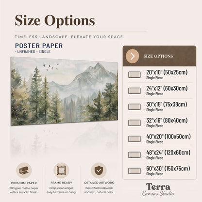 Soft green mountain peaks and evergreen trees beneath birds single poster print available dimensions