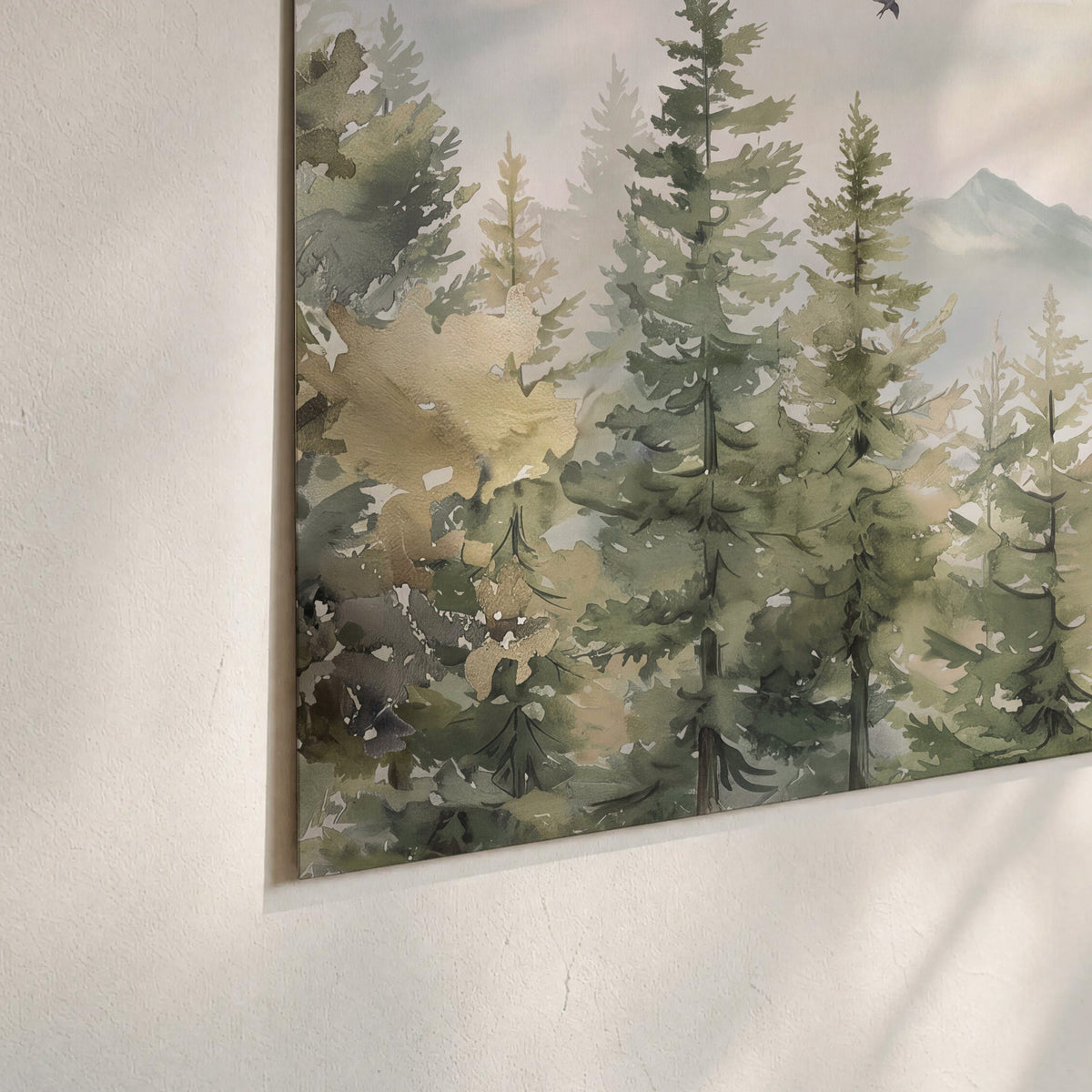 Soft green mountain peaks and evergreen trees beneath birds set of 3 poster prints material and edge close up