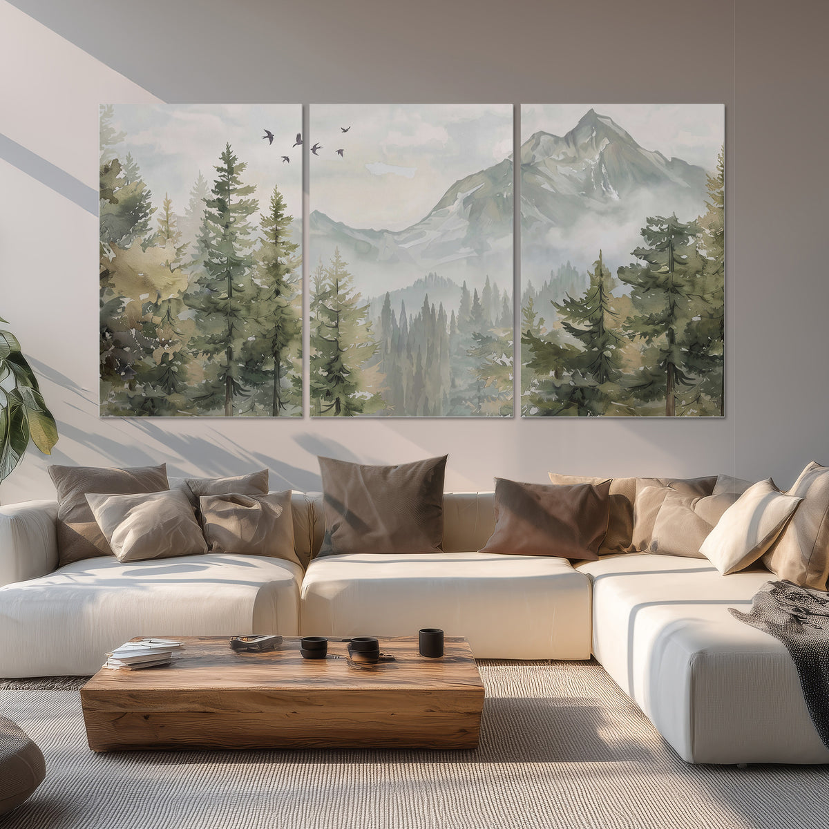 Soft green mountain peaks and evergreen trees beneath birds set of 3 poster prints displayed in a living room
