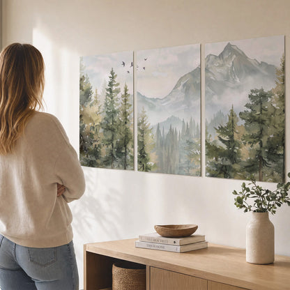 Soft green mountain peaks and evergreen trees beneath birds set of 3 poster prints three panel arrangement on a wall