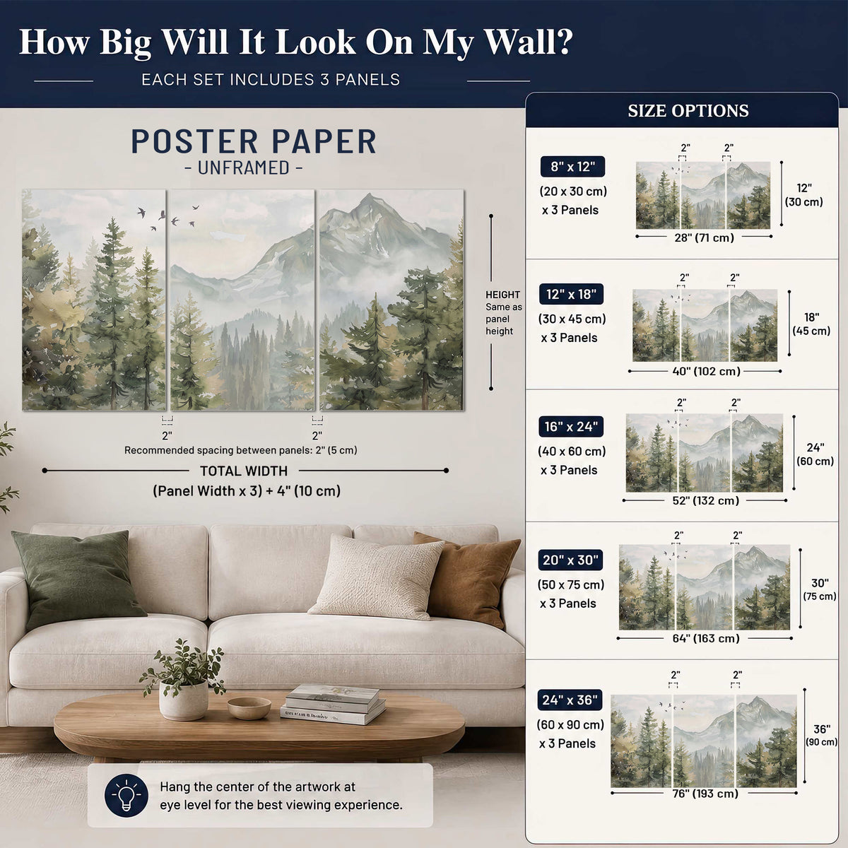 Soft green mountain peaks and evergreen trees beneath birds set of 3 poster prints size guide above a sofa; room view is illustrative