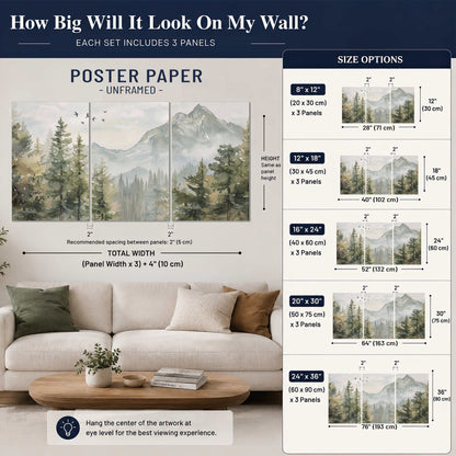 Soft green mountain peaks and evergreen trees beneath birds set of 3 poster prints size guide above a sofa; room view is illustrative