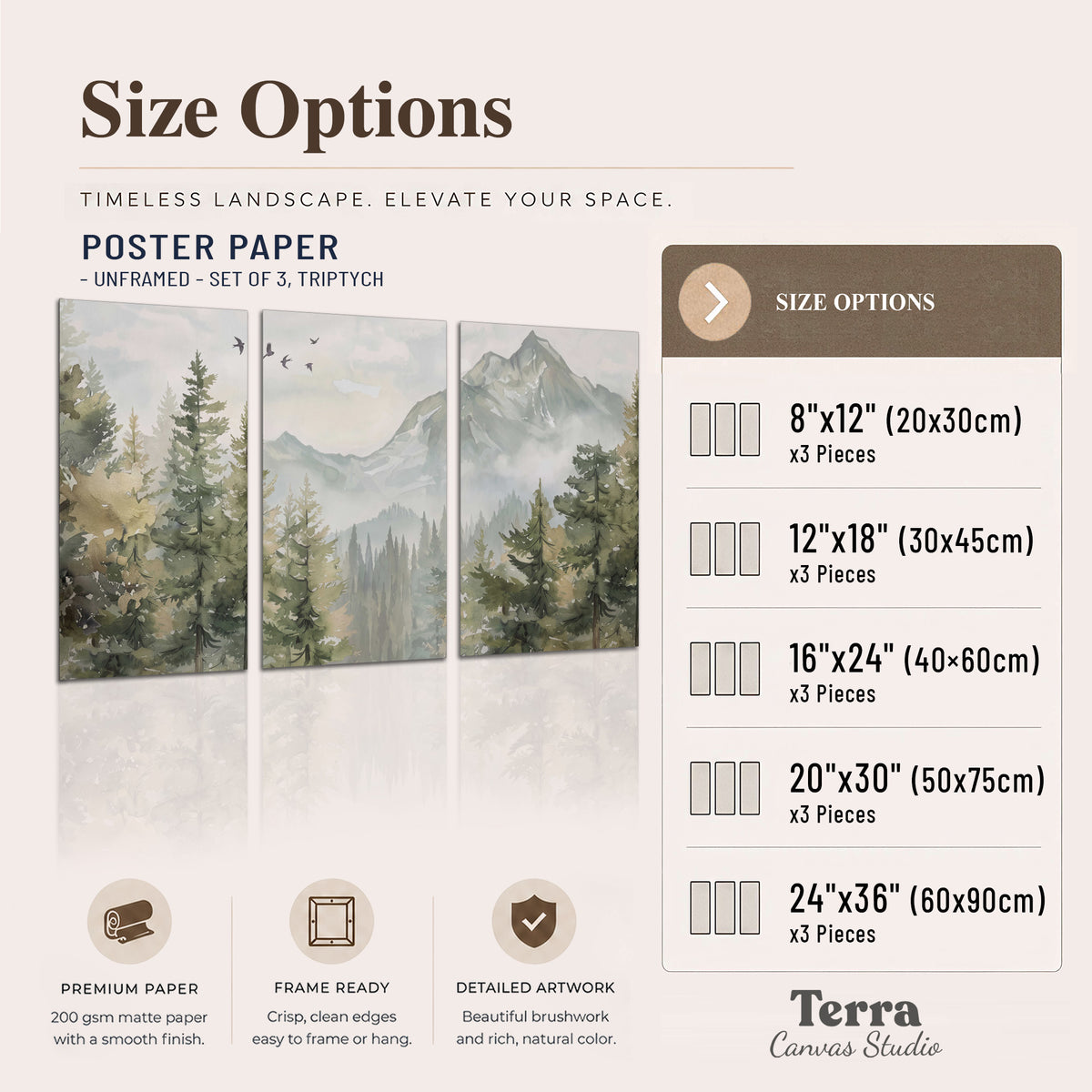 Soft green mountain peaks and evergreen trees beneath birds set of 3 poster prints available dimensions; triptych dimensions are per panel