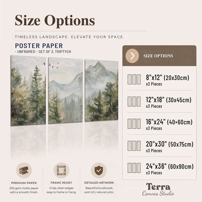 Soft green mountain peaks and evergreen trees beneath birds set of 3 poster prints available dimensions; triptych dimensions are per panel