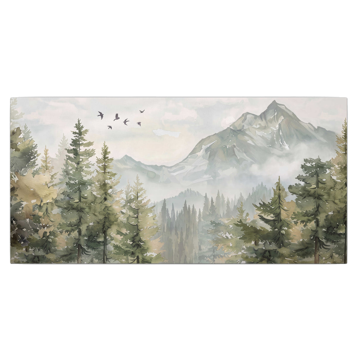 Soft green mountain peaks and evergreen trees beneath birds single canvas wall art viewed straight on