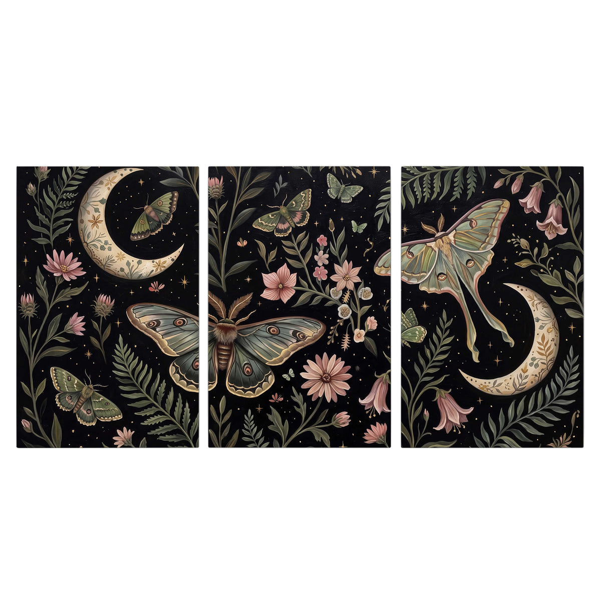Decorative moths, crescent moons and flowers on black 3 piece canvas wall art viewed straight on