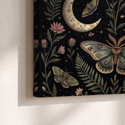 Decorative moths, crescent moons and flowers on black 3 piece canvas wall art material and edge close up