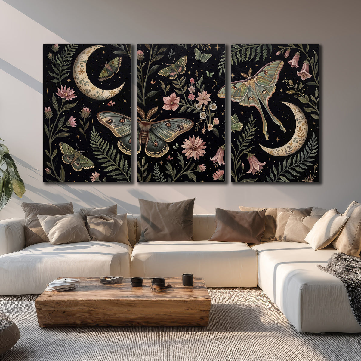 Decorative moths, crescent moons and flowers on black 3 piece canvas wall art displayed in a living room
