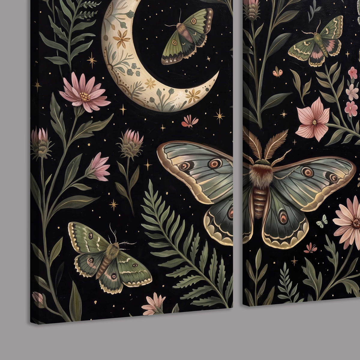 Decorative moths, crescent moons and flowers on black 3 piece canvas wall art room and product view