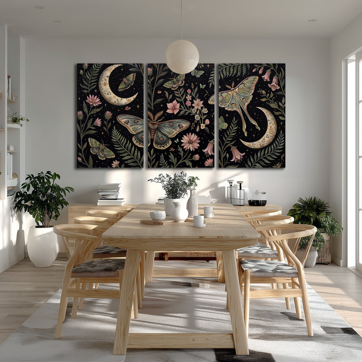 Decorative moths, crescent moons and flowers on black 3 piece canvas wall art room and product view