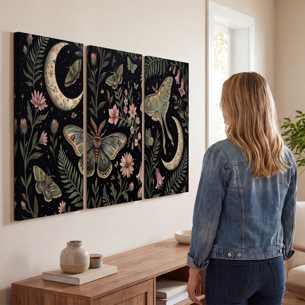 Decorative moths, crescent moons and flowers on black 3 piece canvas wall art three panel arrangement on a wall