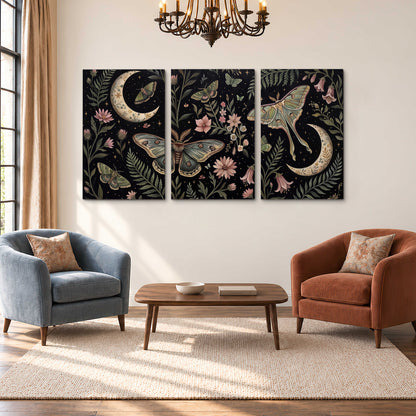 Decorative moths, crescent moons and flowers on black 3 piece canvas wall art styled in an interior