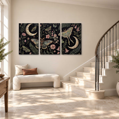 Decorative moths, crescent moons and flowers on black 3 piece canvas wall art styled in an interior