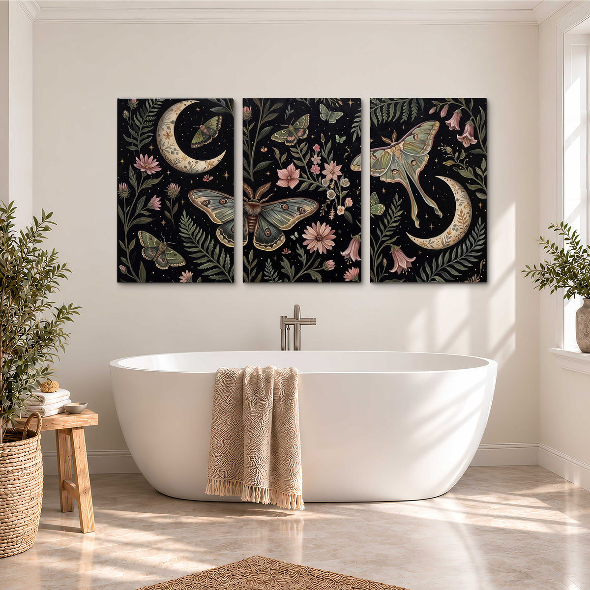 Decorative moths, crescent moons and flowers on black 3 piece canvas wall art styled in an interior