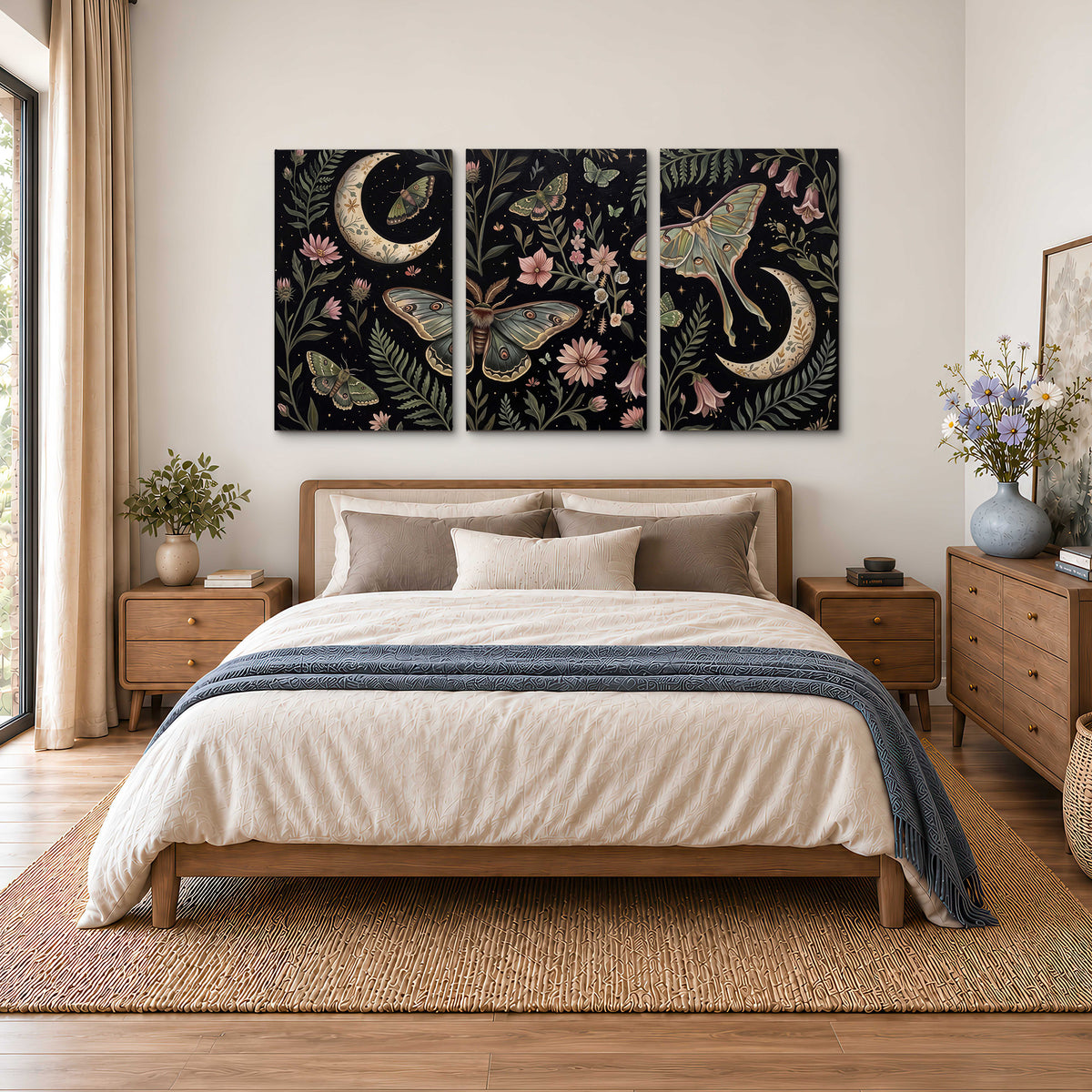 Decorative moths, crescent moons and flowers on black 3 piece canvas wall art styled in an interior