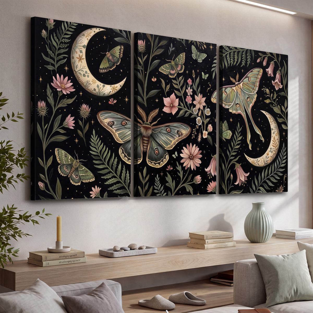 Decorative moths, crescent moons and flowers on black 3 piece canvas wall art displayed in a console