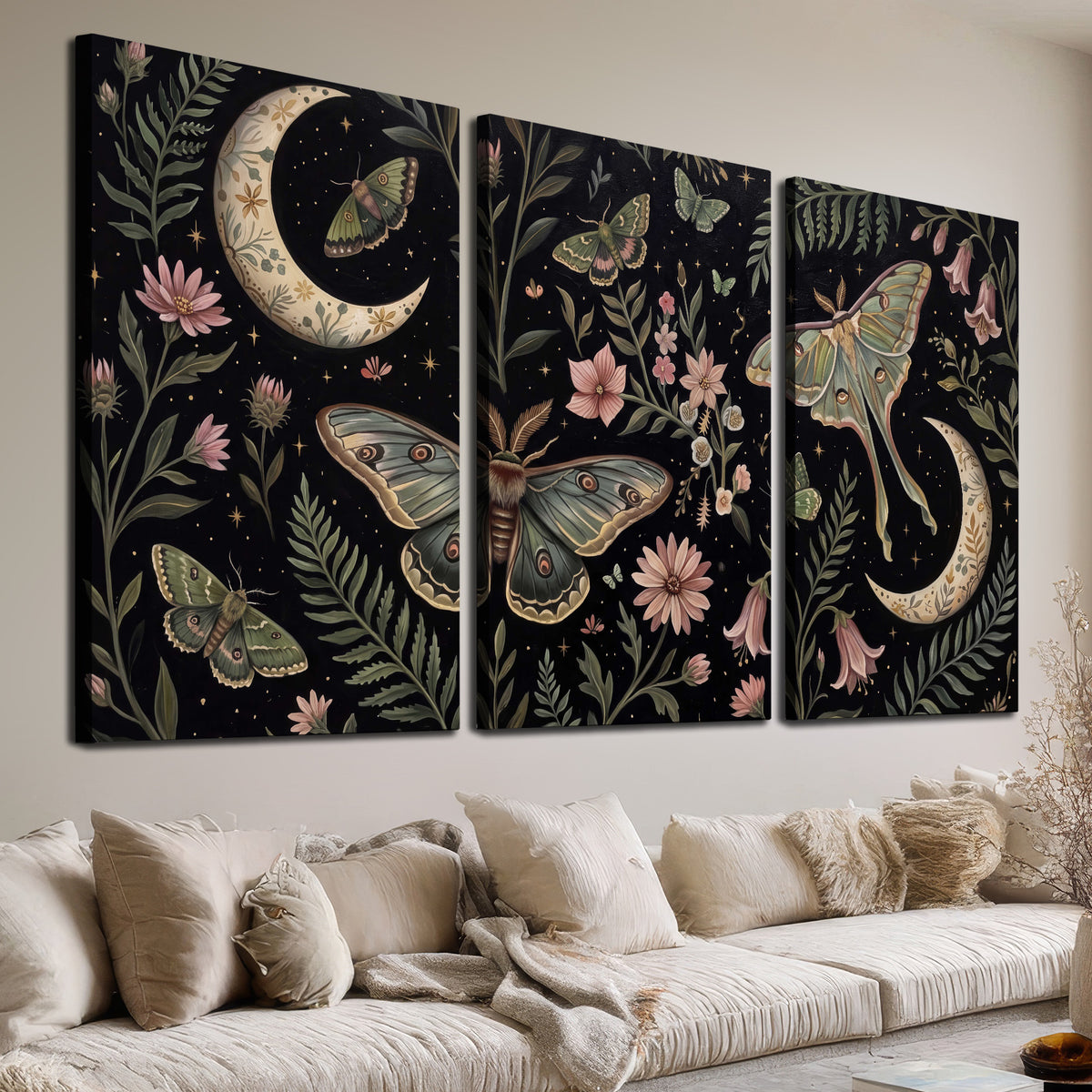 Decorative moths, crescent moons and flowers on black 3 piece canvas wall art room and product view