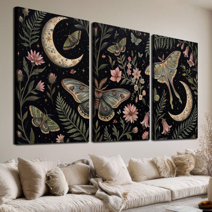 Decorative moths, crescent moons and flowers on black 3 piece canvas wall art room and product view
