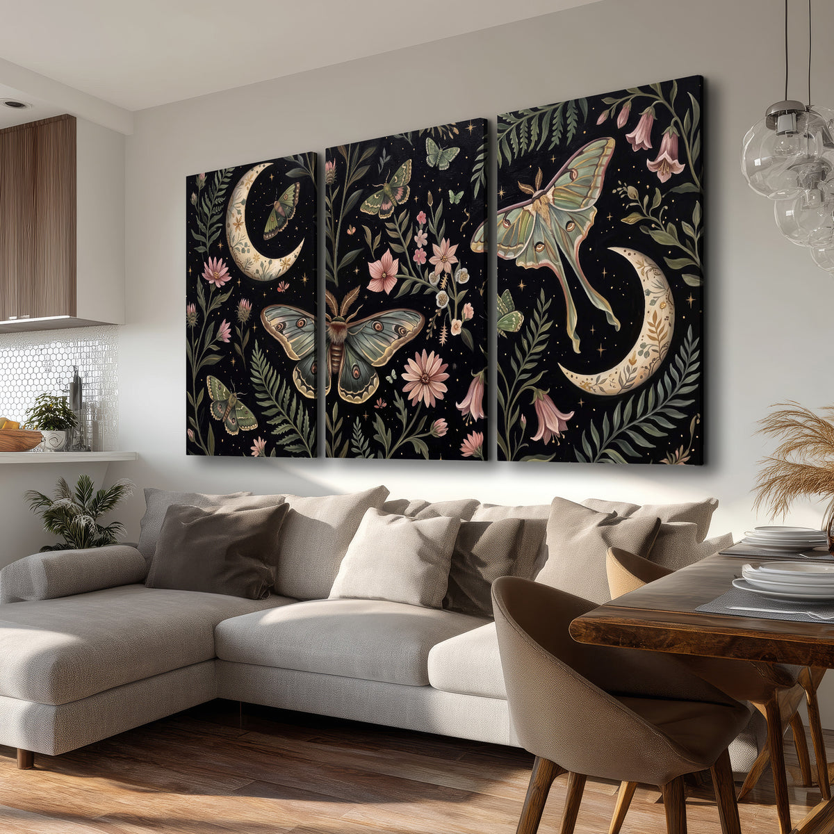 Decorative moths, crescent moons and flowers on black 3 piece canvas wall art room and product view