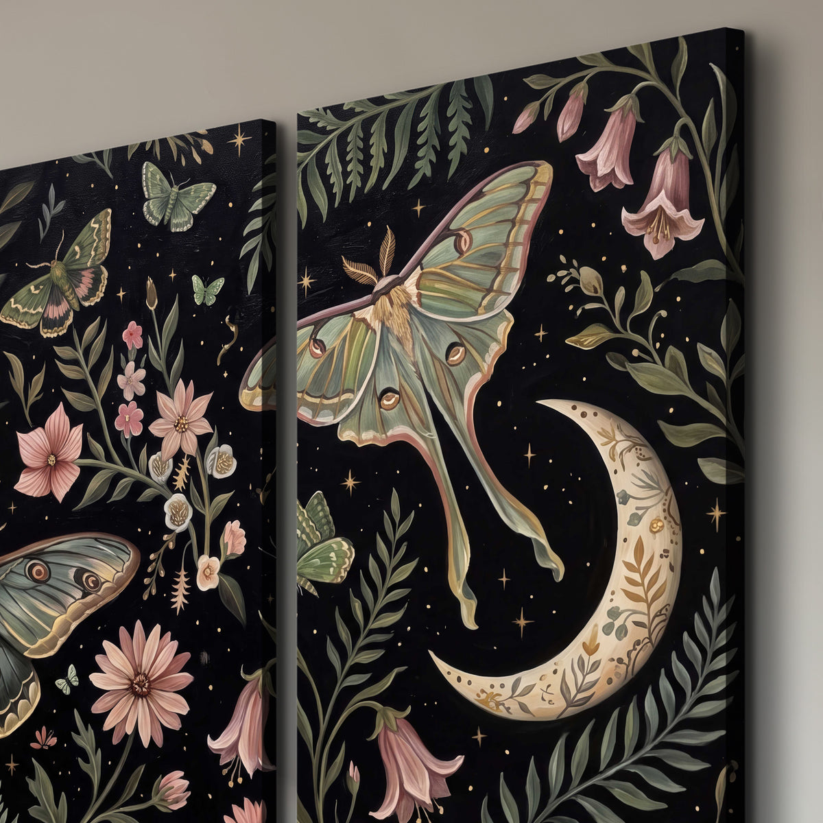 Decorative moths, crescent moons and flowers on black 3 piece canvas wall art room and product view