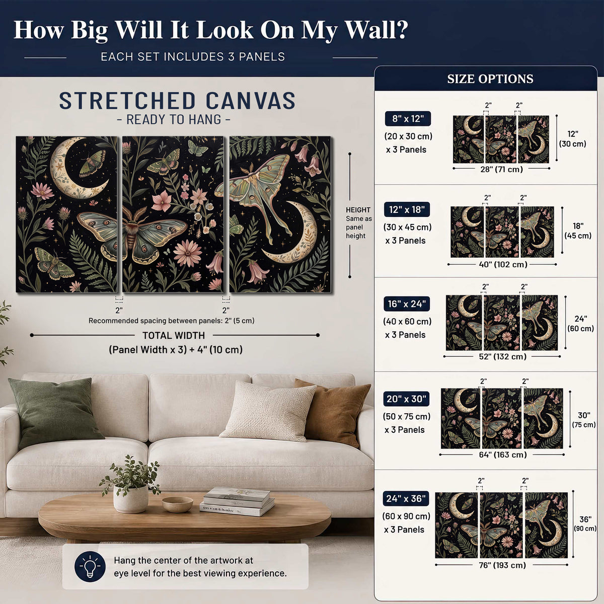 Decorative moths, crescent moons and flowers on black 3 piece canvas wall art size guide above a sofa; room view is illustrative