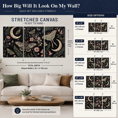 Decorative moths, crescent moons and flowers on black 3 piece canvas wall art size guide above a sofa; room view is illustrative