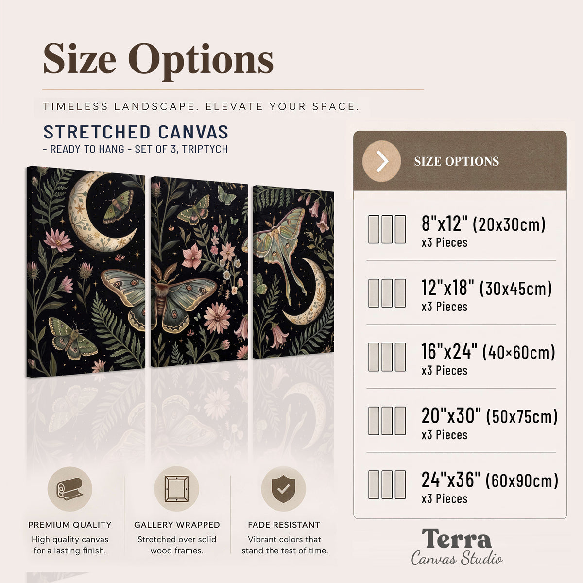 Decorative moths, crescent moons and flowers on black 3 piece canvas wall art available dimensions; triptych dimensions are per panel