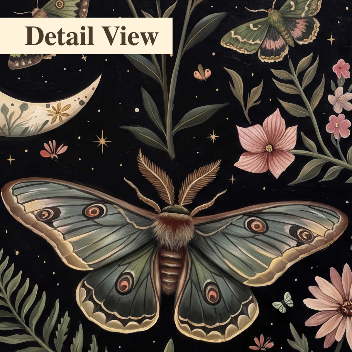 Decorative moths, crescent moons and flowers on black 3 piece canvas wall art artwork detail close up