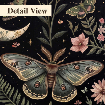 Decorative moths, crescent moons and flowers on black 3 piece canvas wall art artwork detail close up
