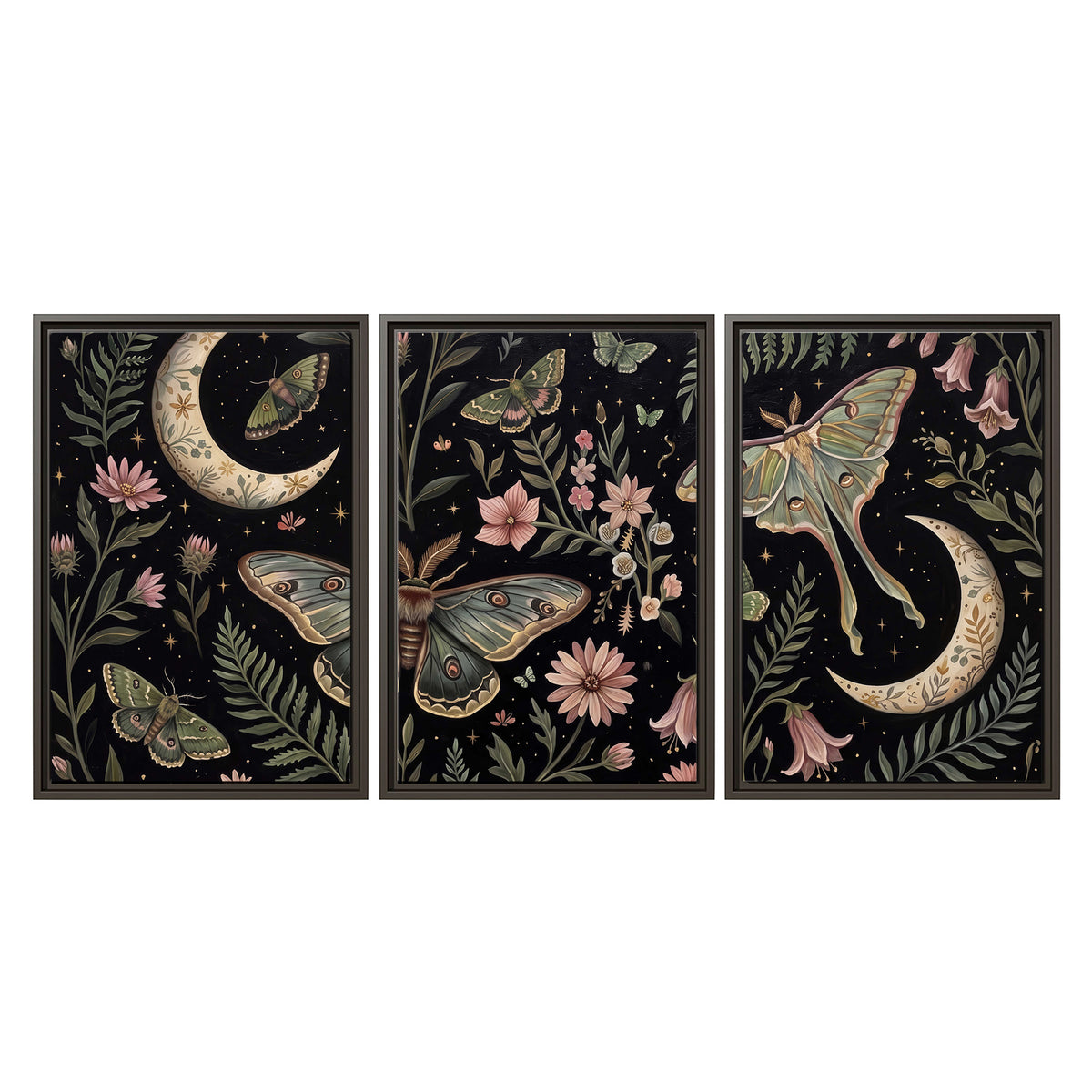 Decorative moths, crescent moons and flowers on black 3 piece framed canvas wall art viewed straight on