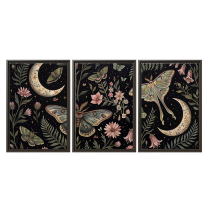 Decorative moths, crescent moons and flowers on black 3 piece framed canvas wall art viewed straight on