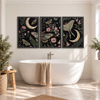 Decorative moths, crescent moons and flowers on black 3 piece framed canvas wall art styled in an interior