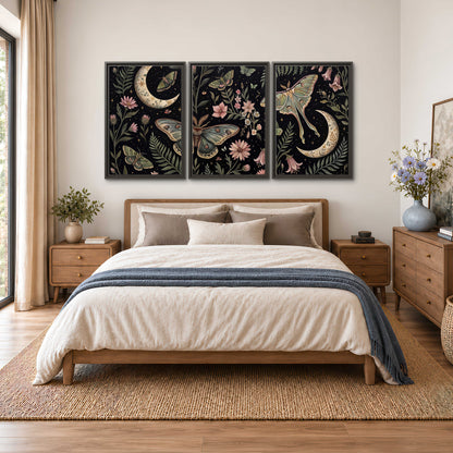 Decorative moths, crescent moons and flowers on black 3 piece framed canvas wall art styled in an interior