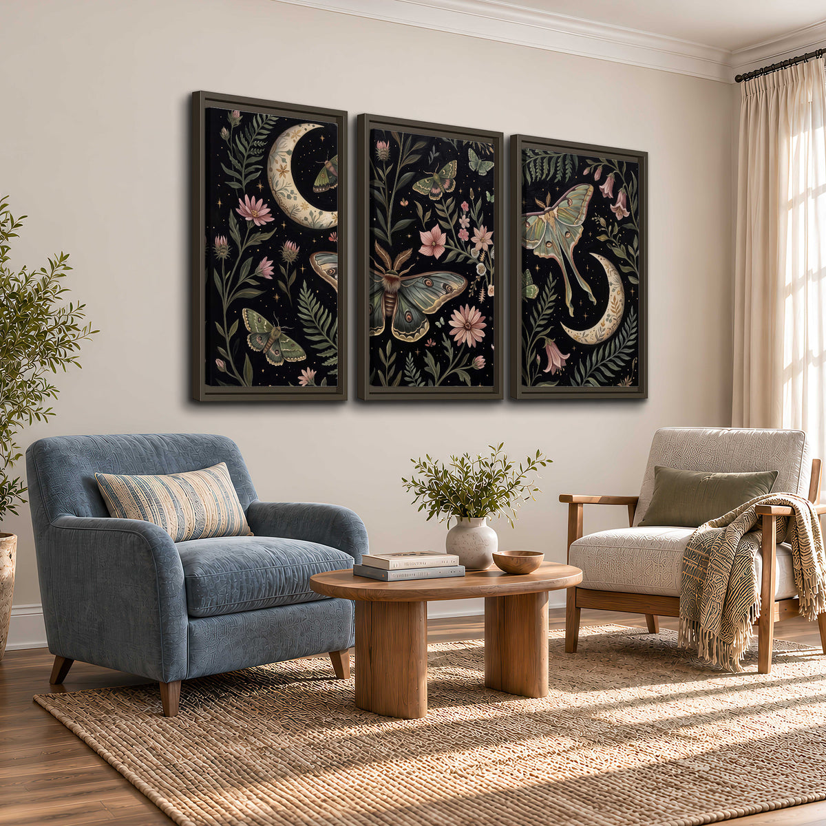 Decorative moths, crescent moons and flowers on black 3 piece framed canvas wall art styled in an interior