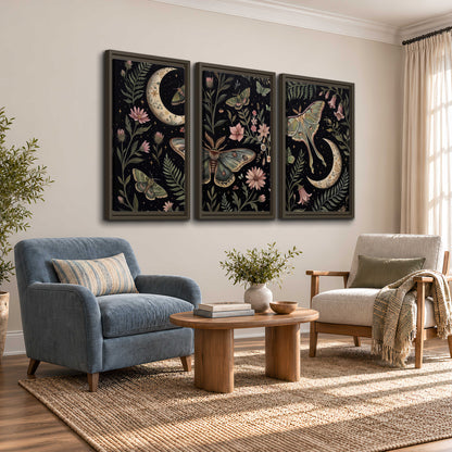 Decorative moths, crescent moons and flowers on black 3 piece framed canvas wall art styled in an interior