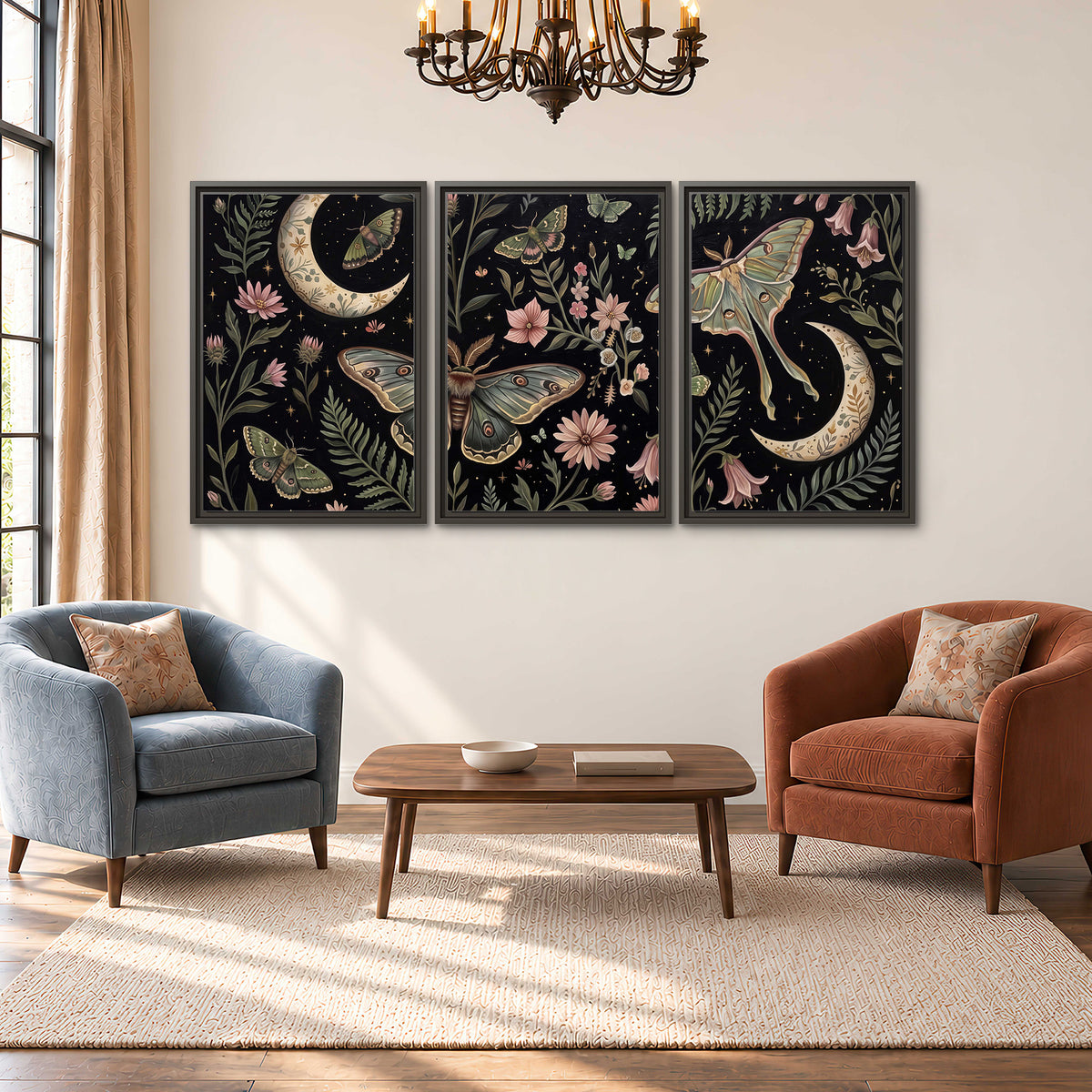 Decorative moths, crescent moons and flowers on black 3 piece framed canvas wall art styled in an interior