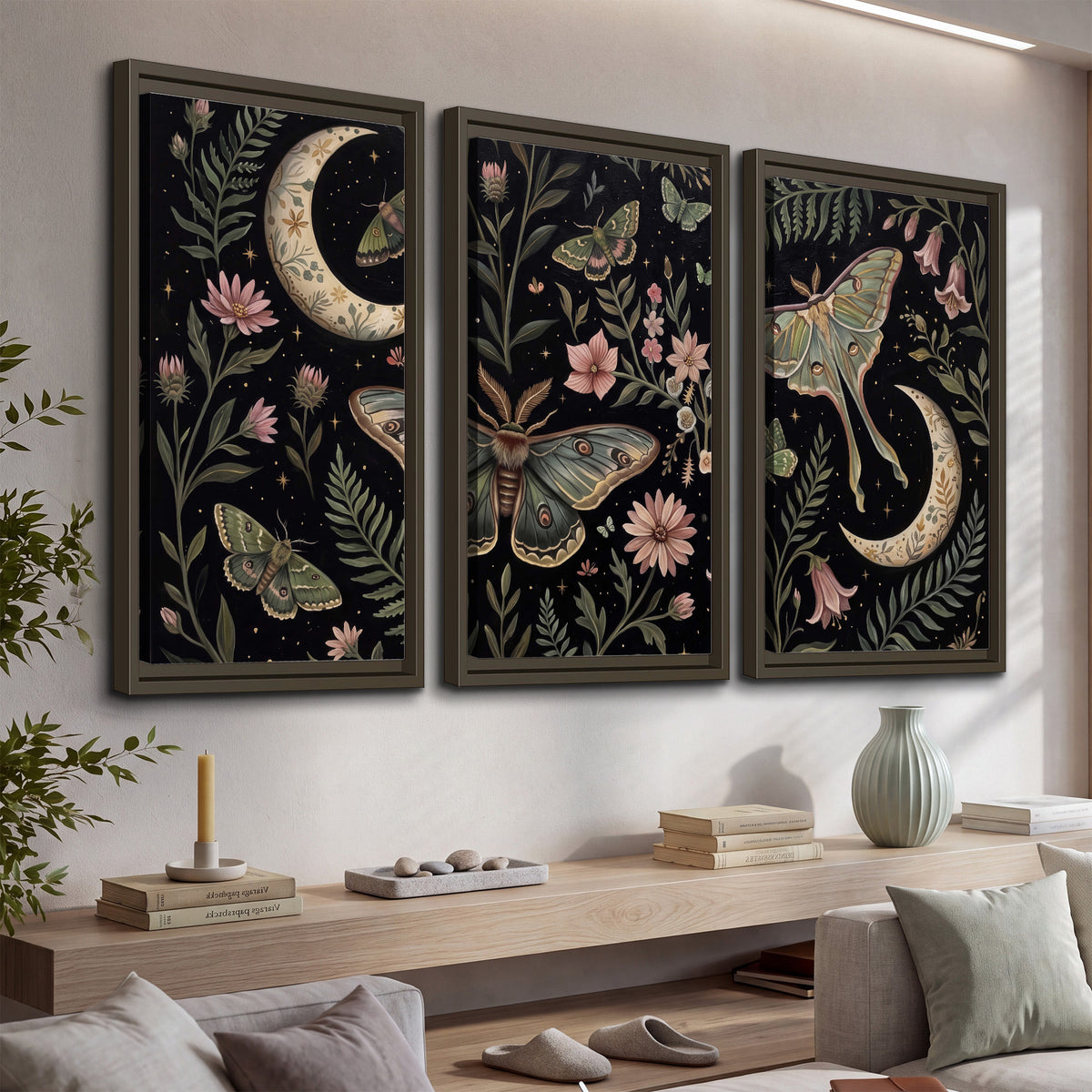 Decorative moths, crescent moons and flowers on black 3 piece framed canvas wall art displayed in a console