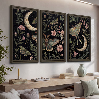 Decorative moths, crescent moons and flowers on black 3 piece framed canvas wall art displayed in a console