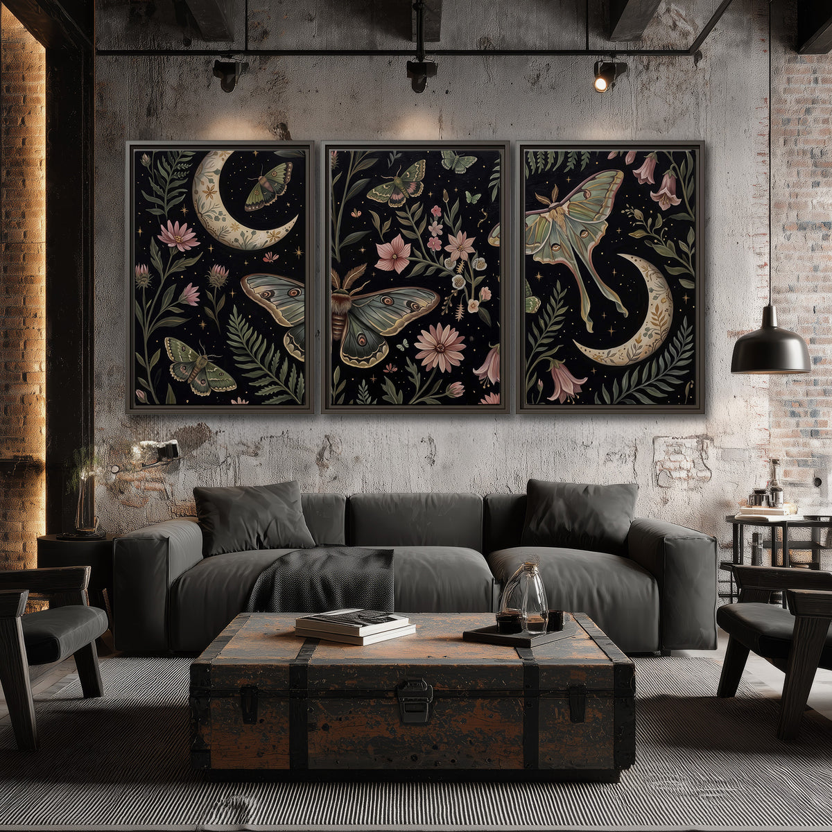 Decorative moths, crescent moons and flowers on black 3 piece framed canvas wall art displayed in a industrial room