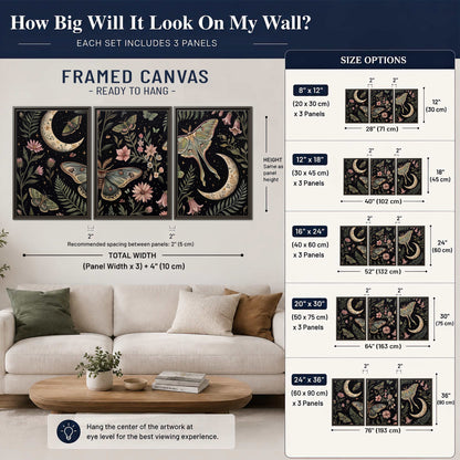 Decorative moths, crescent moons and flowers on black 3 piece framed canvas wall art size guide above a sofa; room view is illustrative