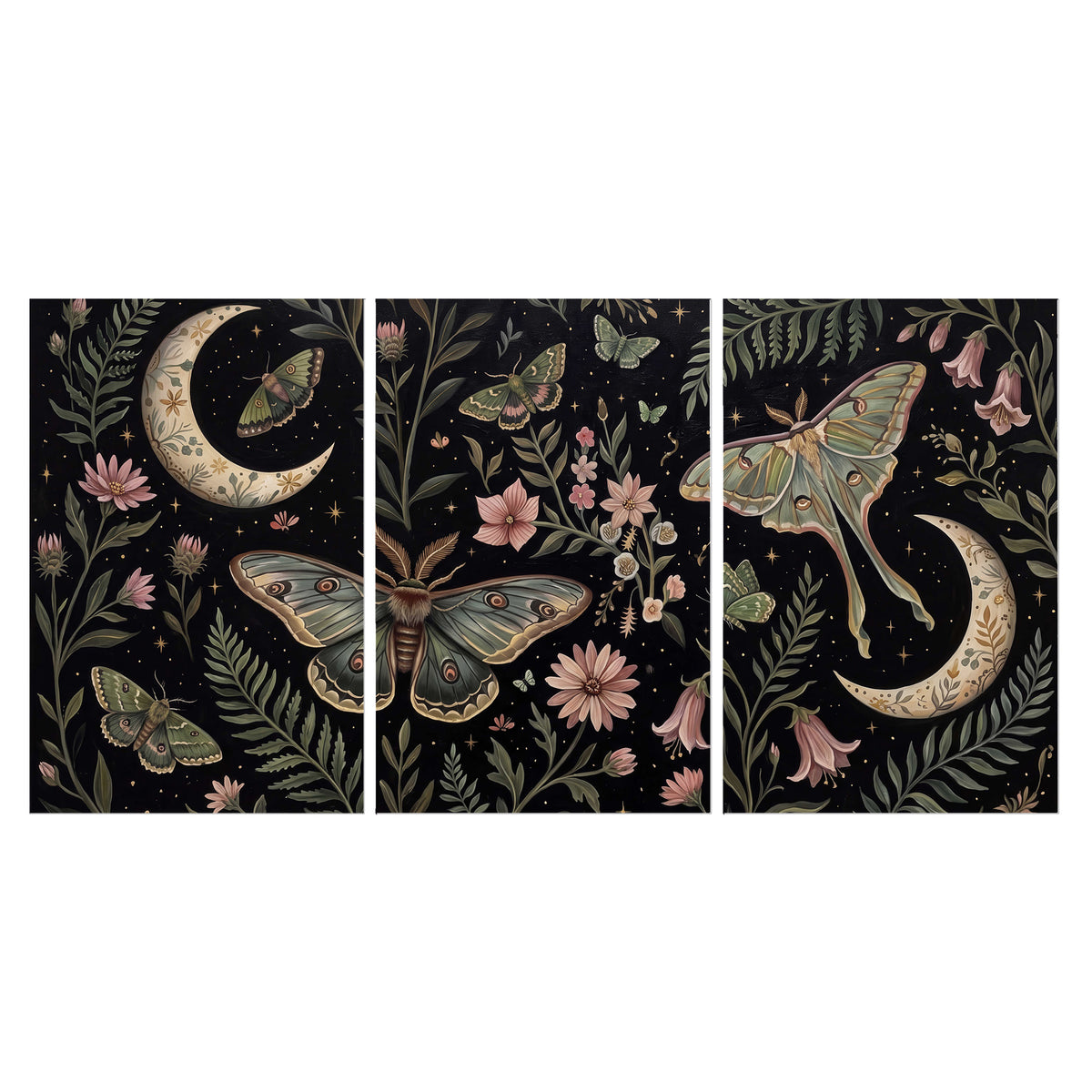 Decorative moths, crescent moons and flowers on black set of 3 poster prints viewed straight on