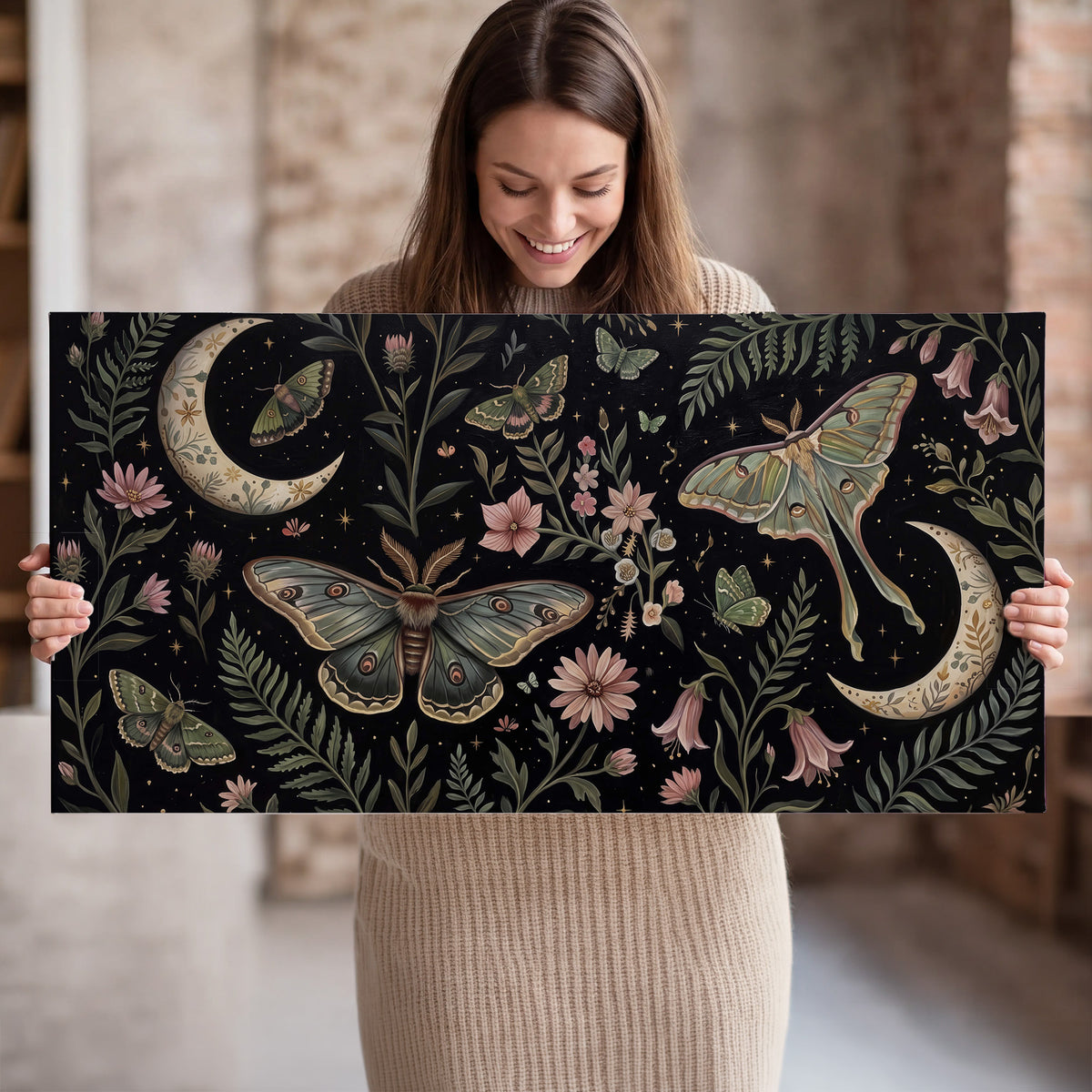 Decorative moths, crescent moons and flowers on black single canvas wall art held in hands