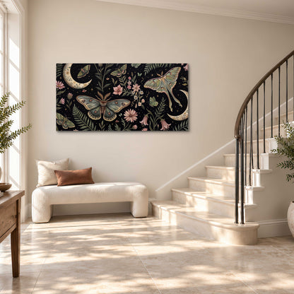 Decorative moths, crescent moons and flowers on black single canvas wall art styled in an interior